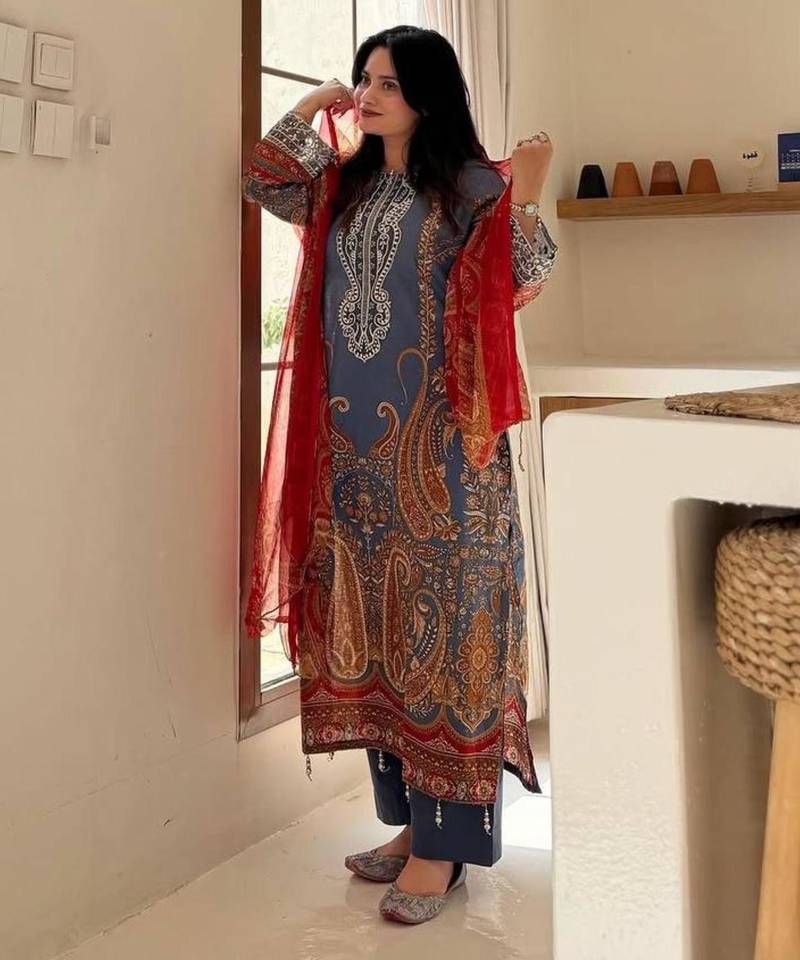 Royal-blue chinon printed kurta-sets