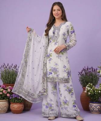 white printed georgette kurta set 1