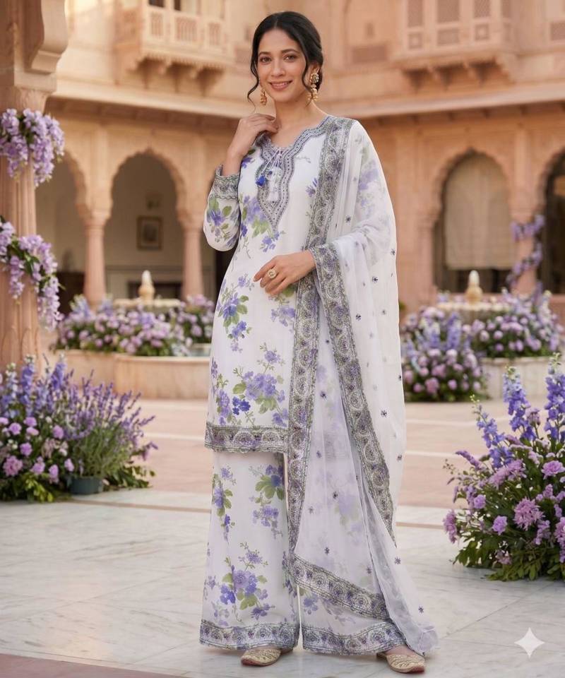 White georgette printed kurta-sets