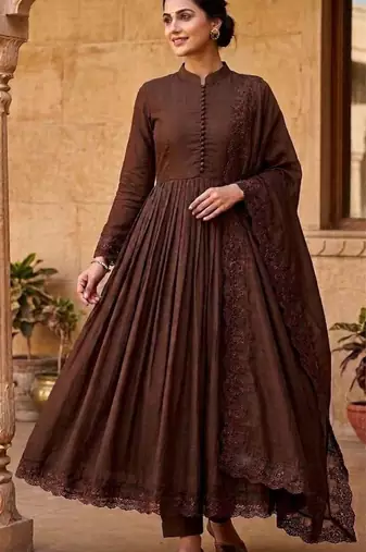 Coffee-brown silk blend embroidered kurta-sets