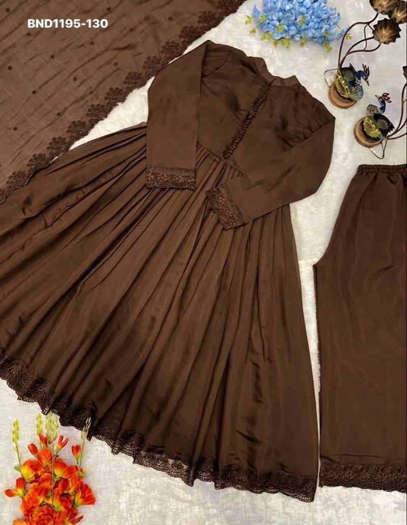 Coffee-brown silk blend embroidered kurta-sets