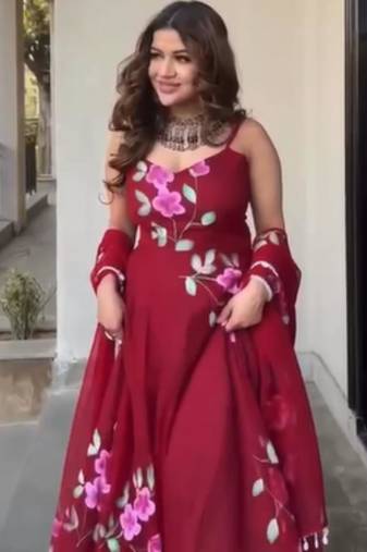 Rani-pink georgette printed kurta-sets