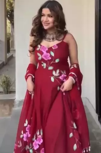 Rani-pink georgette printed kurta-sets
