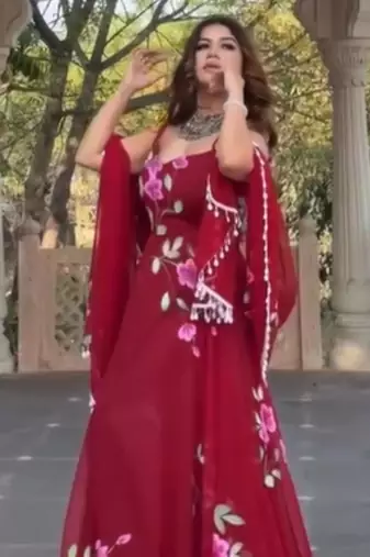 rani pink printed georgette kurta set