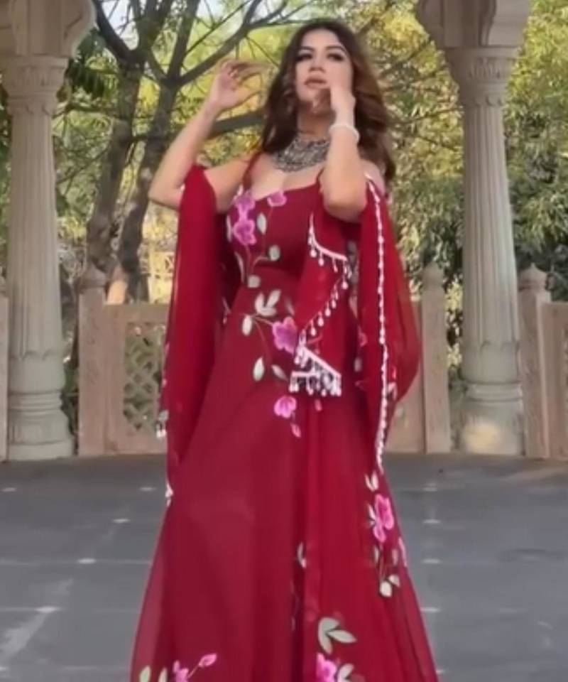 Rani-pink georgette printed kurta-sets