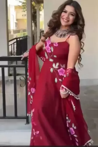 rani pink printed georgette kurta set