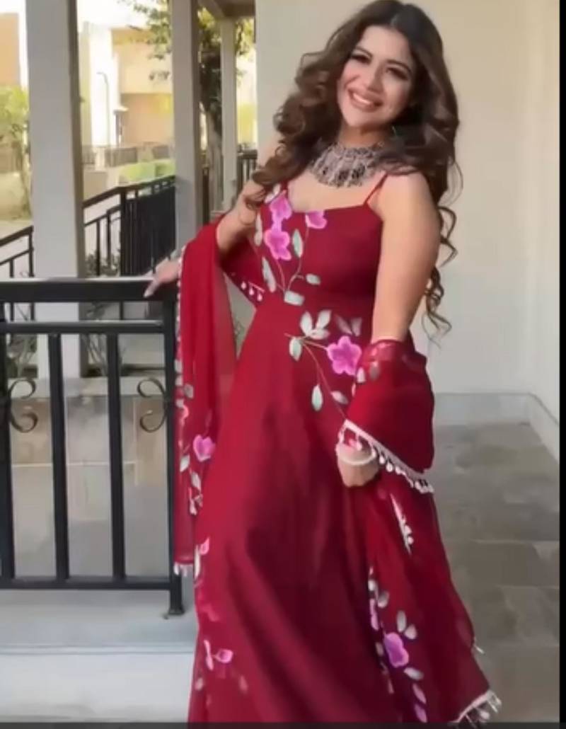 Rani-pink georgette printed kurta-sets