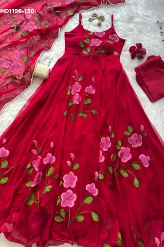 rani pink printed georgette kurta set
