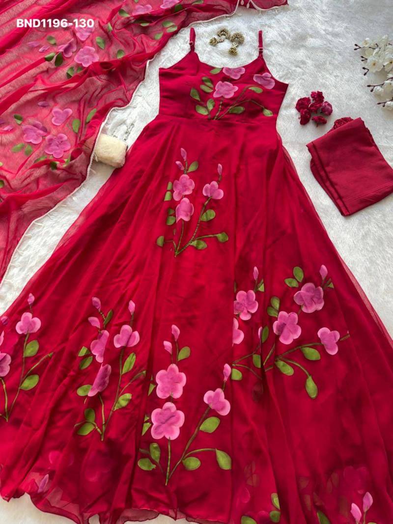Rani-pink georgette printed kurta-sets