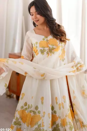 white printed organza kurta set