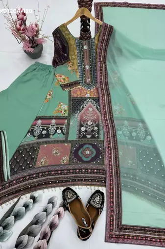 multicolor printed georgette kurta set