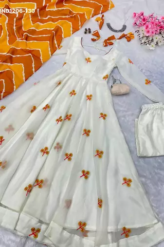 white embroidered georgette kurta set