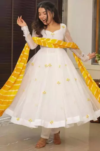 white embroidered georgette kurta set