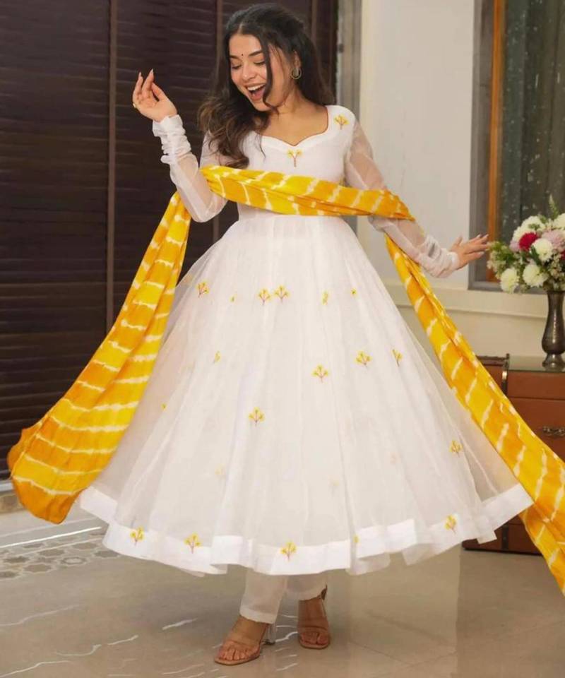 White georgette embroidered kurta-sets