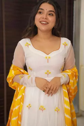 white embroidered georgette kurta set