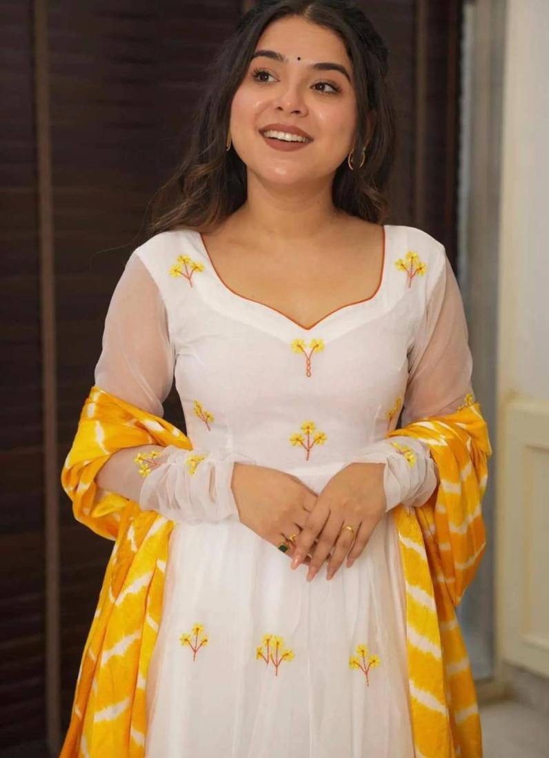 White georgette embroidered kurta-sets