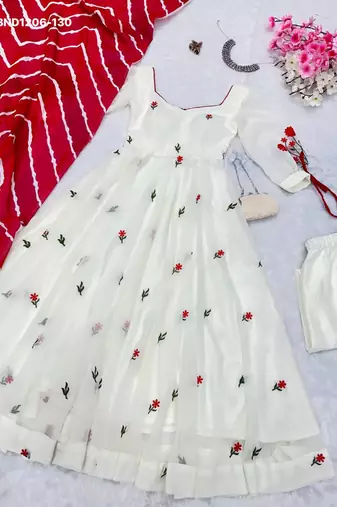 white embroidered georgette womens kurta set