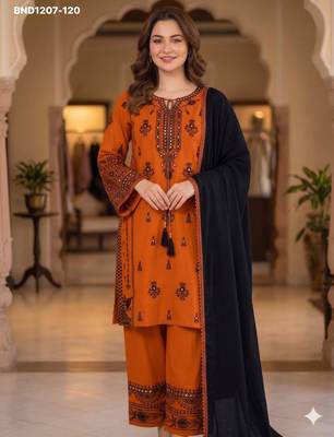 orange embroidered rayon kurta set 1