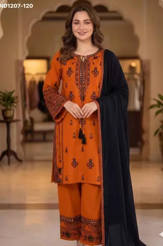 Orange rayon embroidered kurta-sets