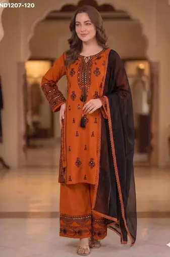 orange embroidered rayon kurta set