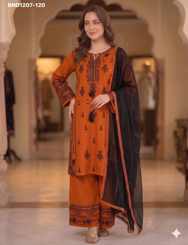 Orange rayon embroidered kurta-sets