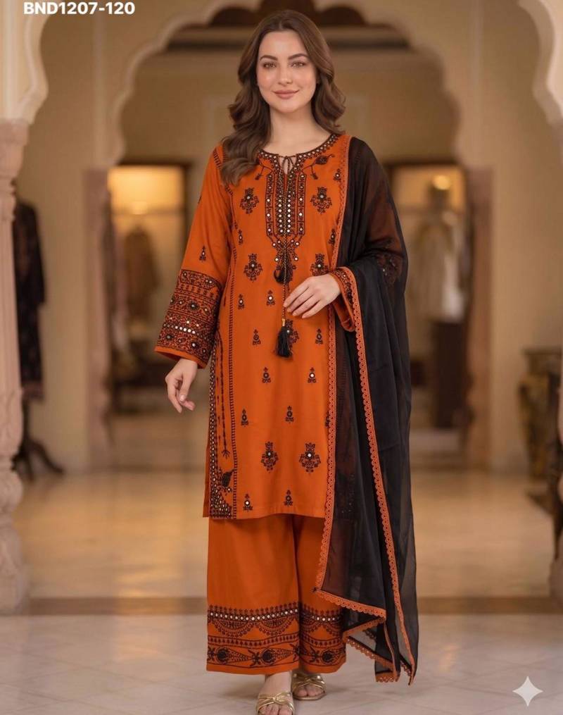 Orange rayon embroidered kurta-sets