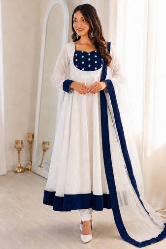 White silk blend plain kurta-sets