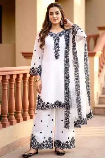 White chanderi embroidered kurta-sets