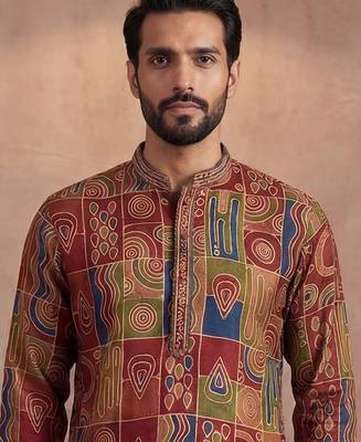 Mens viscose rayon multi abstract printed calf length straight kurta 2