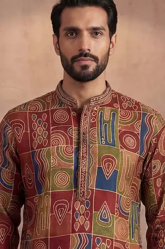 Mens viscose rayon multi abstract printed calf length straight kurta