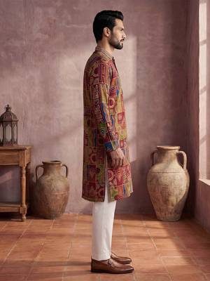 Mens viscose rayon multi abstract printed calf length straight kurta 4