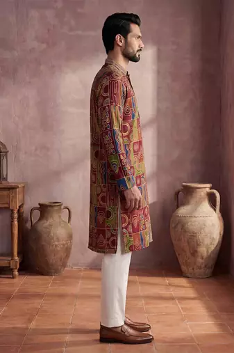 Mens viscose rayon multi abstract printed calf length straight kurta