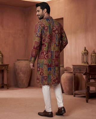 Mens viscose rayon multi abstract printed calf length straight kurta 5