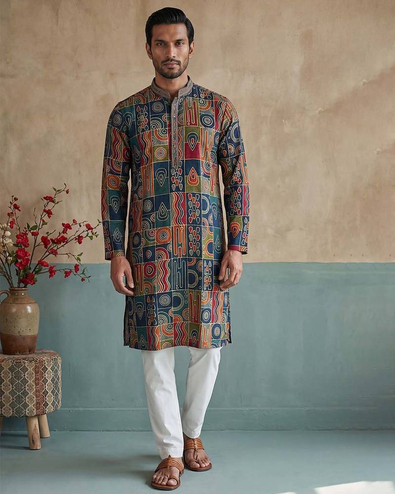 Mens viscose rayon multi abstract printed calf length straight kurta