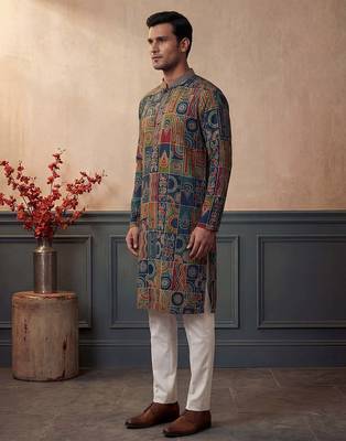 Mens viscose rayon multi abstract printed calf length straight kurta 4