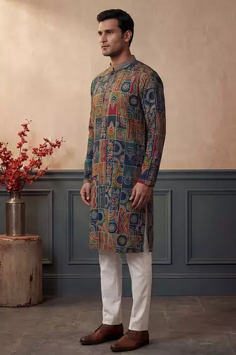 Mens viscose rayon multi abstract printed calf length straight kurta
