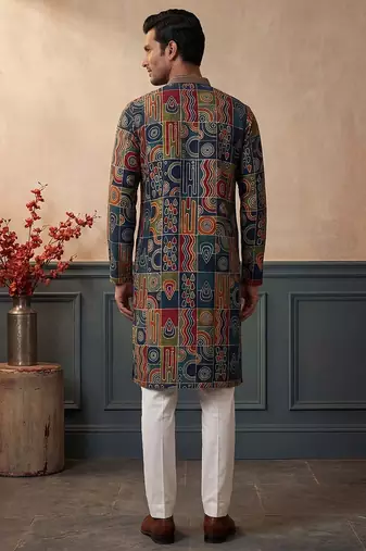 Mens viscose rayon multi abstract printed calf length straight kurta