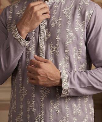Mens silk blend lavender solid embroidered calf length straight kurta 3