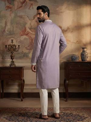 Mens silk blend lavender solid embroidered calf length straight kurta 5