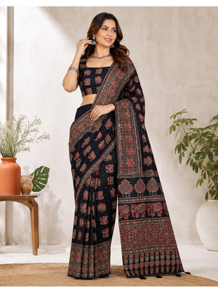 Black Color Ajrakh Print With Mirror Work And Latkan Japan Satin Saree 1
