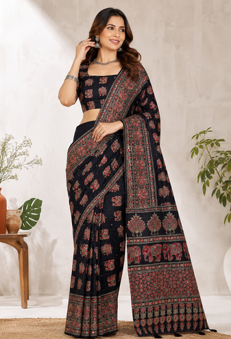 Black Color Ajrakh Print With Mirror Work And Latkan Japan Satin Saree