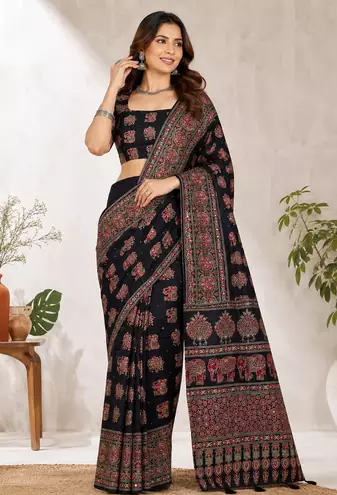 Black Color Ajrakh Print With Mirror Work And Latkan Japan Satin Saree