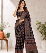Black Color Ajrakh Print With Mirror Work And Latkan Japan Satin Saree