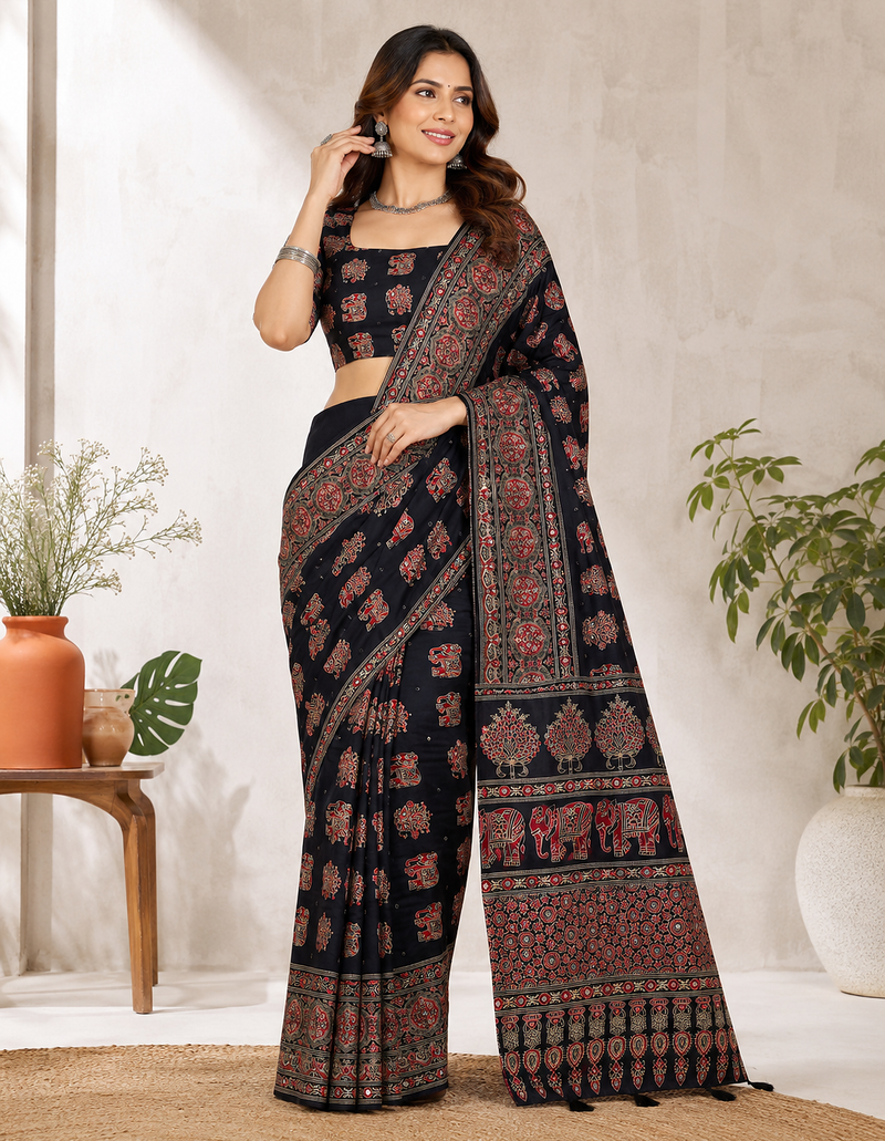 Black Color Ajrakh Print With Mirror Work And Latkan Japan Satin Saree