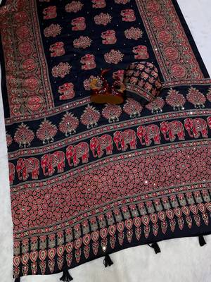 Black Color Ajrakh Print With Mirror Work And Latkan Japan Satin Saree 2