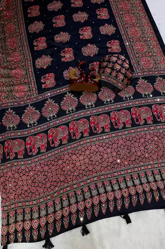Black Color Ajrakh Print With Mirror Work And Latkan Japan Satin Saree