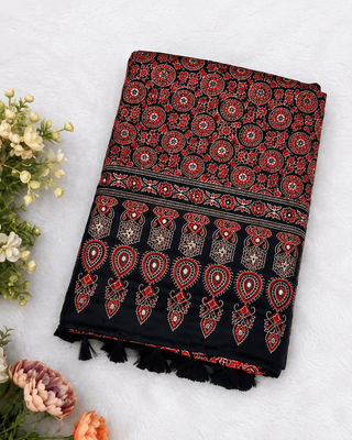 Black Color Ajrakh Print With Mirror Work And Latkan Japan Satin Saree 3