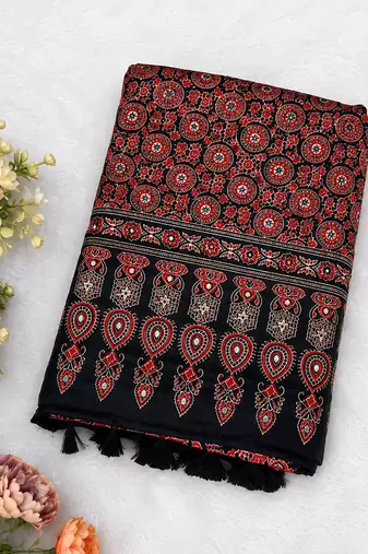 Black Color Ajrakh Print With Mirror Work And Latkan Japan Satin Saree