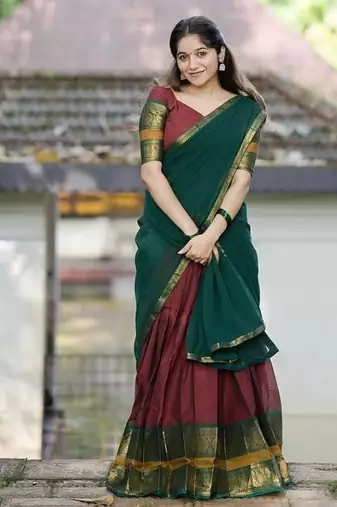 Maroon Kanjivaram Silk Half Saree – Traditional Zari Weaving Langa Voni Set For Women's
