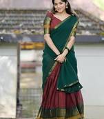 Maroon Kanjivaram Silk Half Saree – Traditional Zari Weaving Langa Voni Set For Women's